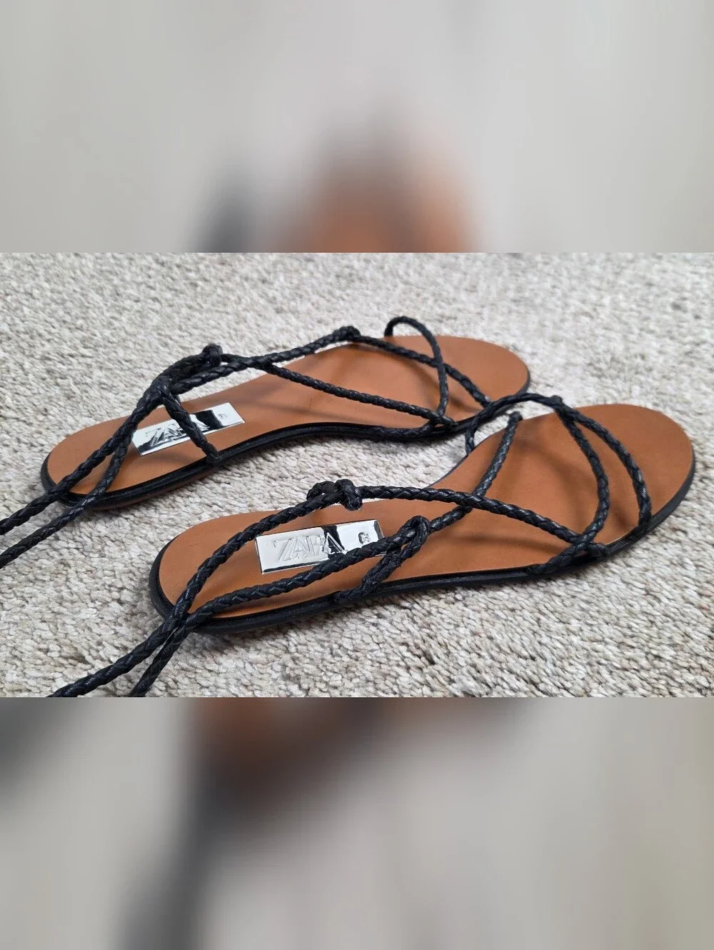 Zara Black Braided Leather Lace-Up Flat Sandals - Picture 2 of 8